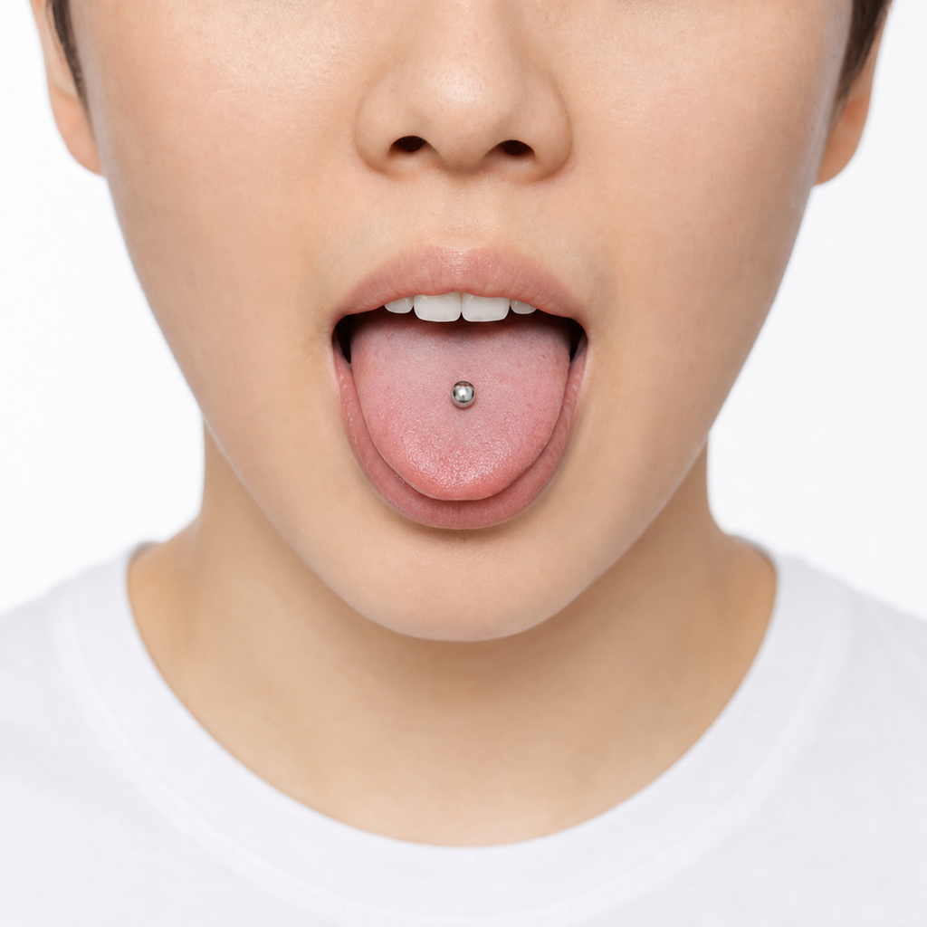 [TOPOSH-LEGACY-LAYOUT-REPAIR-20260717-LEGACY32:TP-TR-IN-SIL-14G14-B5-B5-PLN-3407:04] Ball Titanium Tongue Barbell – Silver, 14+5+5mm | 04_model_asian