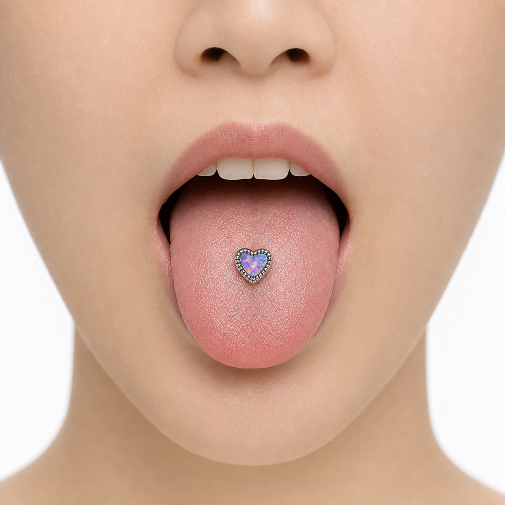 [TOPOSH-LEGACY-LAYOUT-REPAIR-20260717-LEGACY32:TP-TR-IN-SIL-14G16-T6-OP38-004:04] Heart Purple Opal Titanium Tongue Barbell – Silver | 04_model_asian