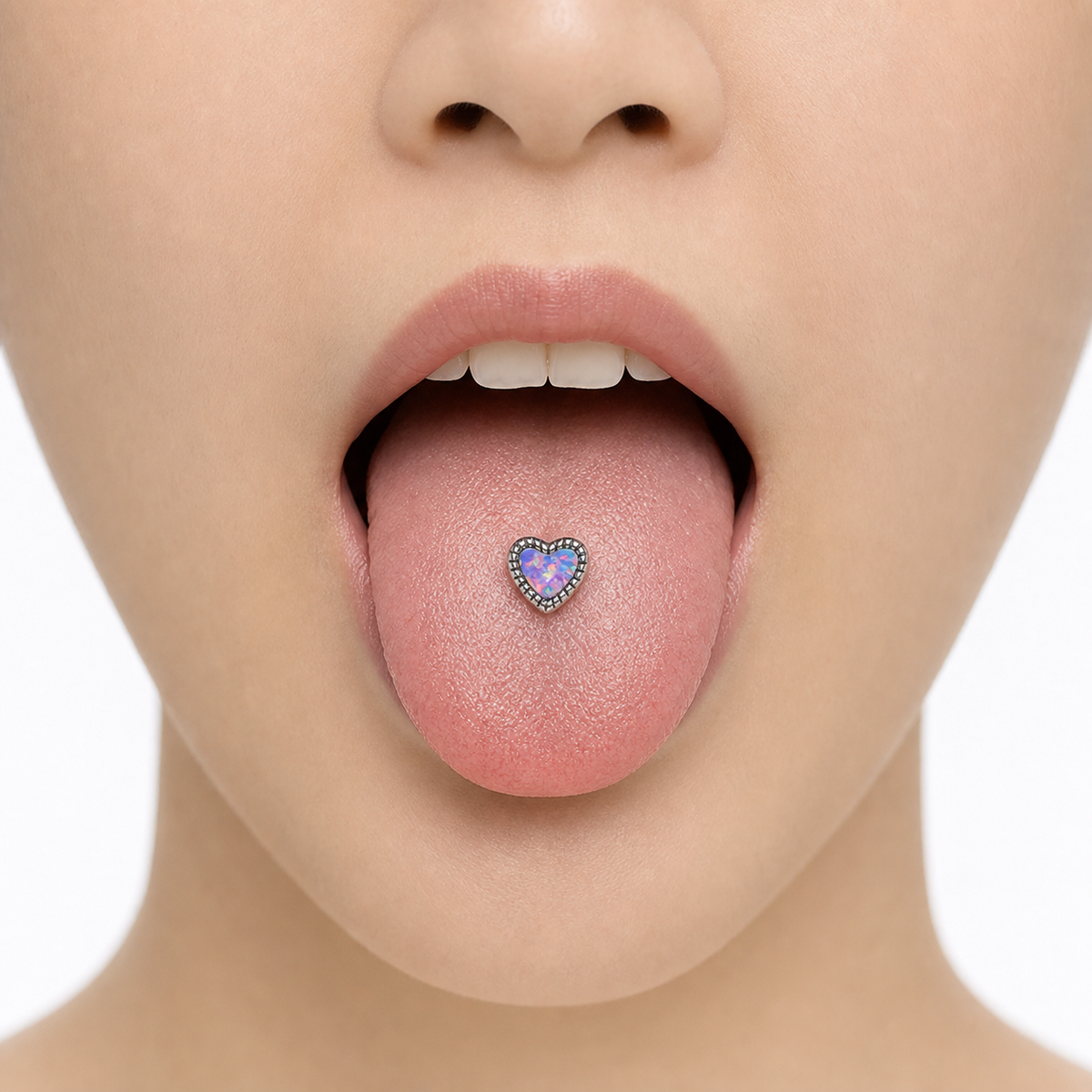 [TOPOSH-LEGACY-LAYOUT-REPAIR-20260717-LEGACY32:TP-TR-IN-SIL-14G16-T6-OP38-004:04] Heart Purple Opal Titanium Tongue Barbell – Silver | 04_model_asian