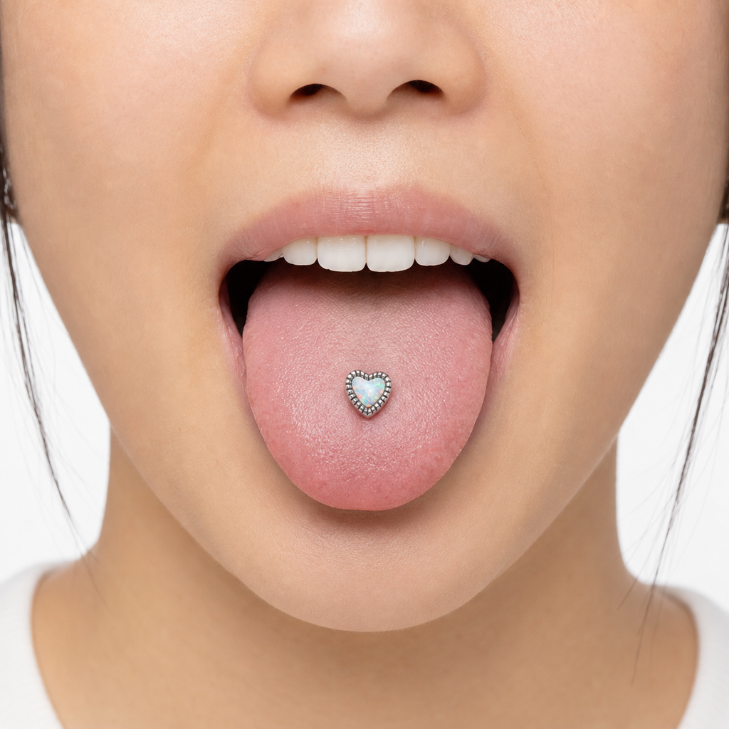 [TOPOSH-LEGACY-LAYOUT-REPAIR-20260717-LEGACY32:TP-TR-IN-SIL-14G16-T6-SW234-005:04] Heart White Opal Titanium Tongue Barbell – Silver | 04_model_asian