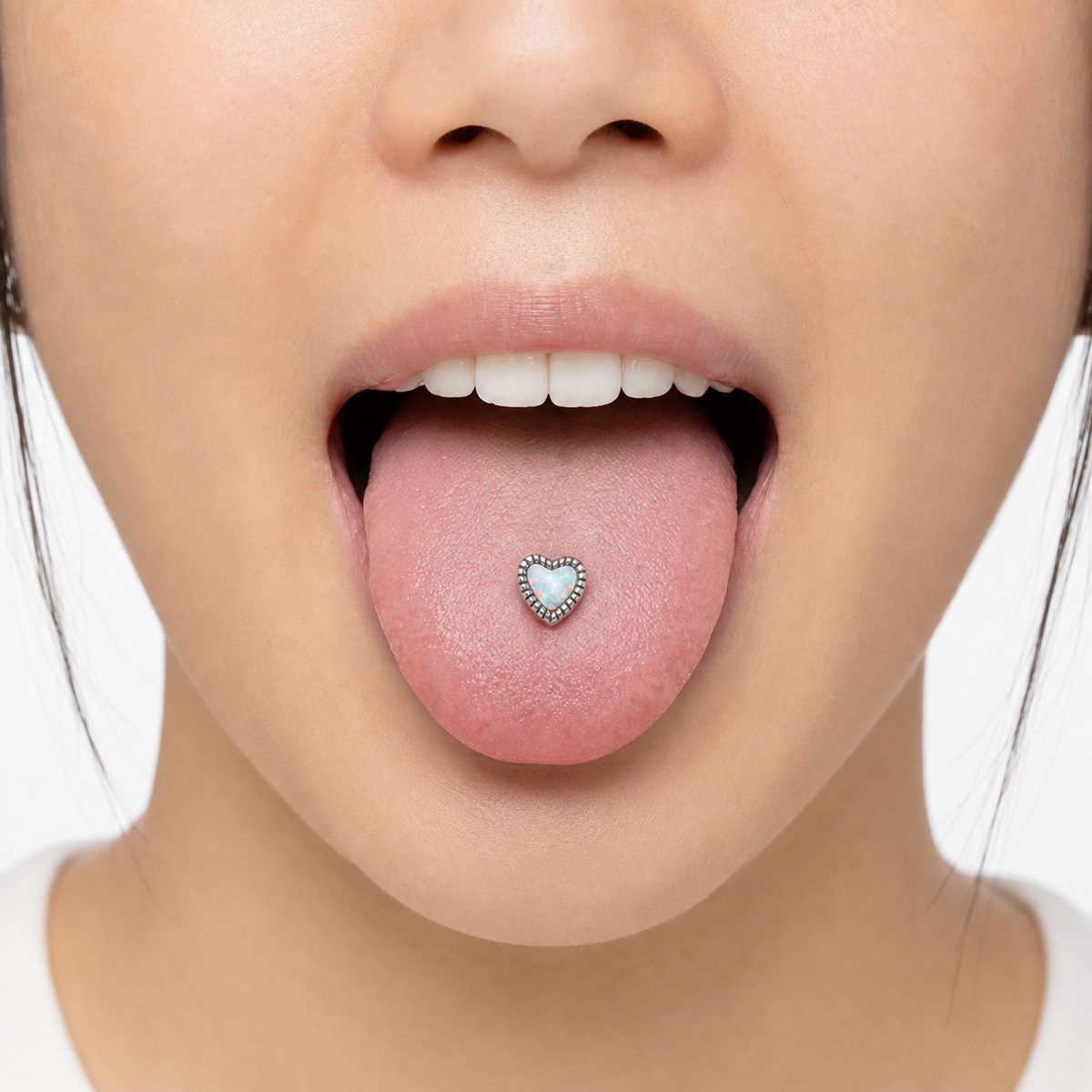 [TOPOSH-LEGACY-LAYOUT-REPAIR-20260717-LEGACY32:TP-TR-IN-SIL-14G16-T6-SW234-005:04] Heart White Opal Titanium Tongue Barbell – Silver | 04_model_asian