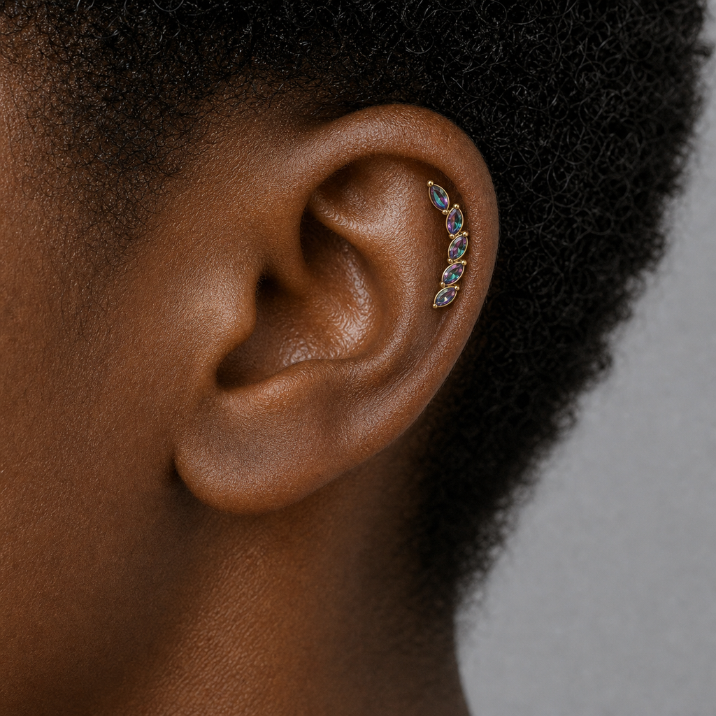 [TOPOSH-LEGACY-LAYOUT-REPAIR-20260717-LEGACY02:TP-CAR-EX-GD-16G6-T4-RBCZ-043:03] Rainbow CZ Titanium Cartilage Barbell – Gold | 03_model_black