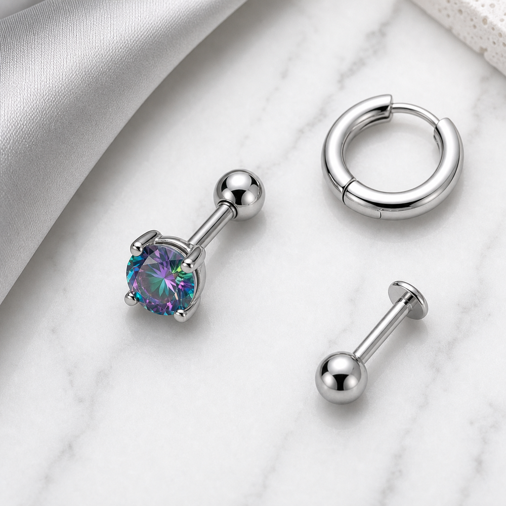[TOPOSH-LEGACY-LAYOUT-REPAIR-20260717-LEGACY04:TP-CAR-SIL-16G6-B3-B3-RBCZ-145:06] Rainbow CZ Titanium Cartilage Barbell – Silver | 06_accessory_flatlay