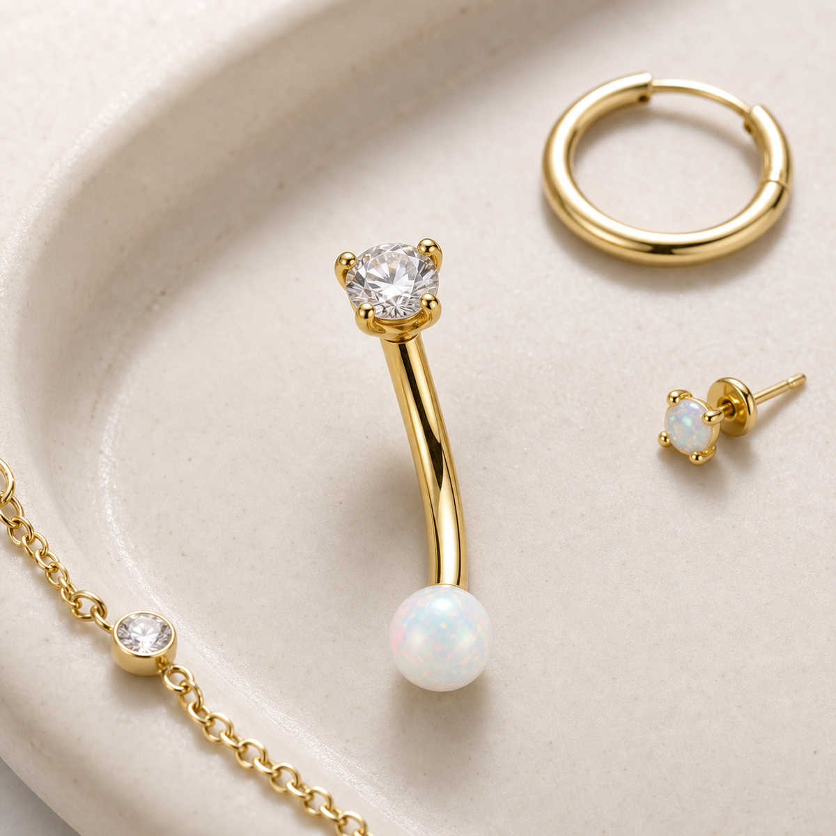 [TOPOSH-ROLE-ORDER-CLEANUP-20260717-BATCH17:TP-EBR-IN-GD-16G8-OP17-049:06] White Opal Titanium Eyebrow Barbell – Gold | 06_accessory_flatlay