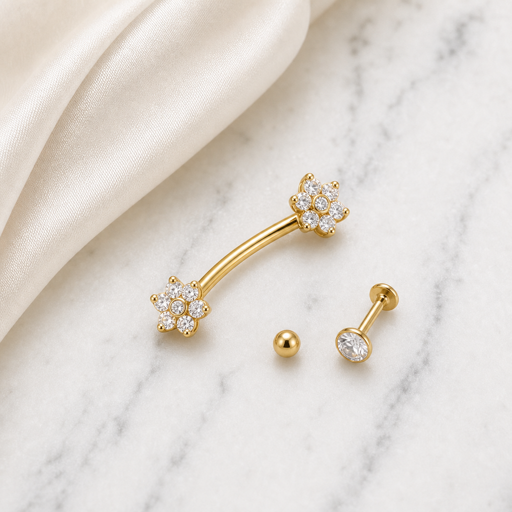 [TOPOSH-ROLE-ORDER-CLEANUP-20260717-BATCH16:TP-EBR-INCB-GD-16G8-B3-B3-CLCZ-012:06] Clear CZ Titanium Eyebrow Barbell – Gold | 06_accessory_flatlay