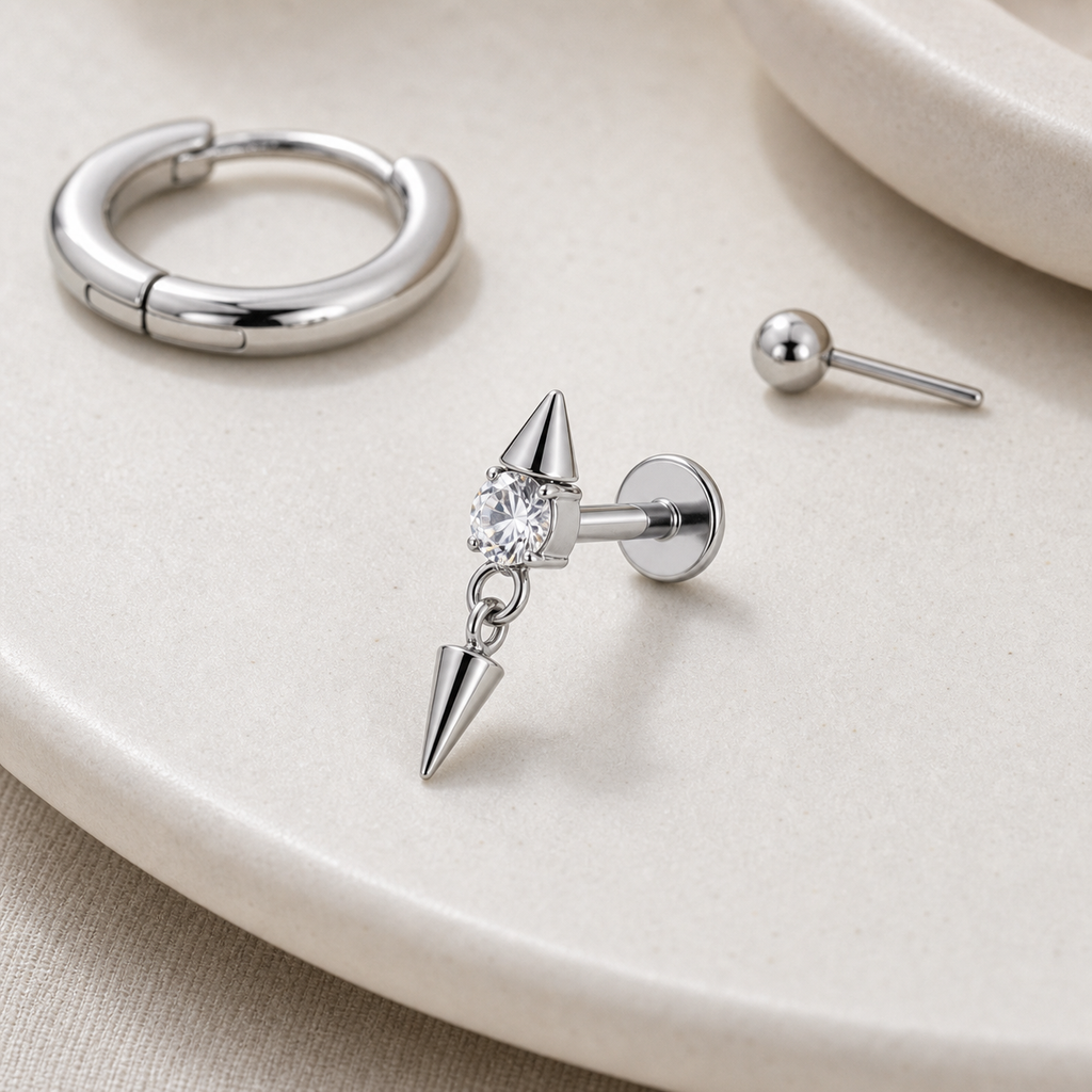 [TOPOSH-LEGACY-LAYOUT-REPAIR-20260717-LEGACY09:TP-FB-IN-SIL-16G8-T4-CLCZ-2295:06] Spike Dangle Clear CZ Titanium Flat Back – Silver | 06_accessory_flatlay