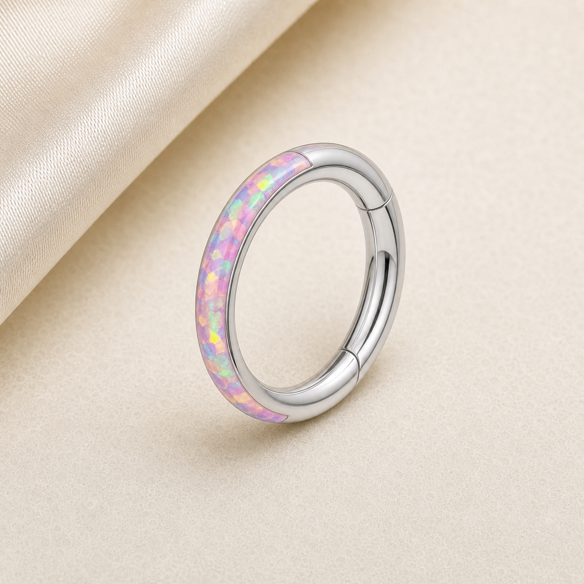 [TOPOSH-ROLE-ORDER-CLEANUP-20260717-BATCH21:TP-SR-CB-SIL-16G8-OP10-012:01] Pink Opal Titanium Segment Ring – Silver | 01_primary_product_bg