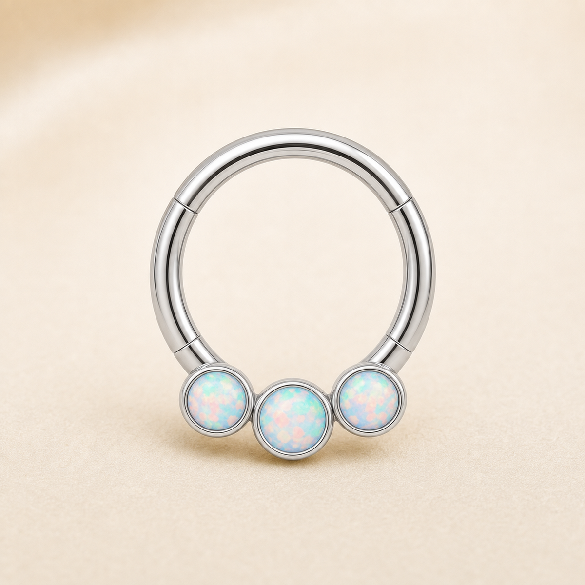 [TOPOSH-ROLE-ORDER-CLEANUP-20260717-BATCH24:TP-SR-CB-SIL-16G8-OP17-004:01] Triple White Opal Titanium Segment Ring – Silver | 01_primary_product_bg