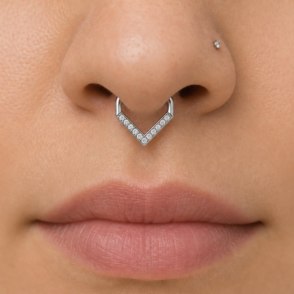 [TOPOSH-ROLE-ORDER-CLEANUP-20260717-BATCH25:TP-SR-SIL-16G10-CLCZ-003:02] V-Set Clear CZ Titanium Segment Ring – Silver | 02_model_white