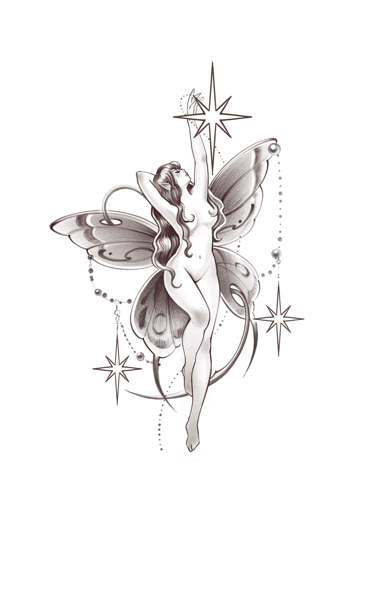Celestial Fairy flash tattoo artwork by YI, 5–7 inches