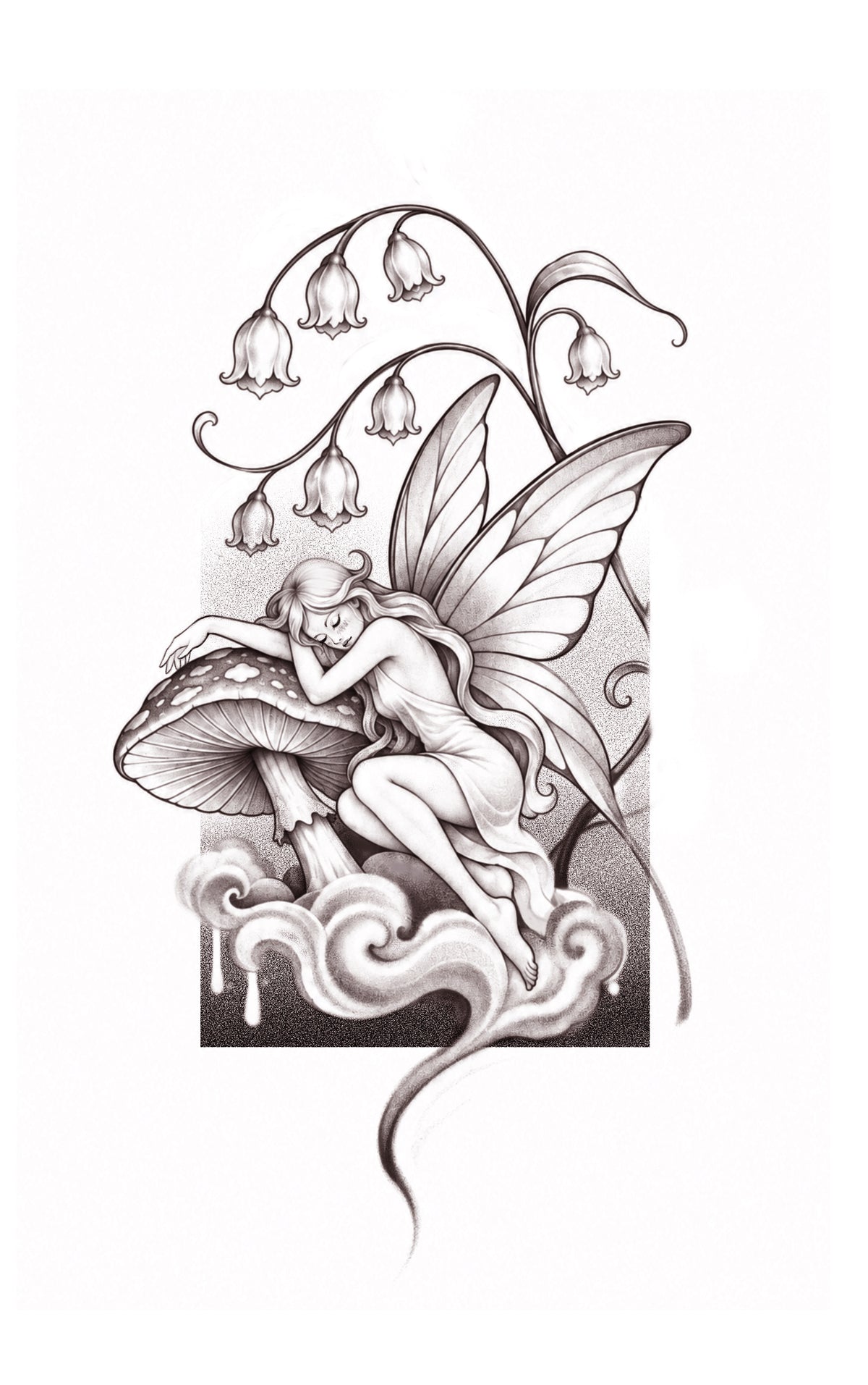 Sleeping Woodland Fairy flash tattoo artwork by YI, 5–7 inches
