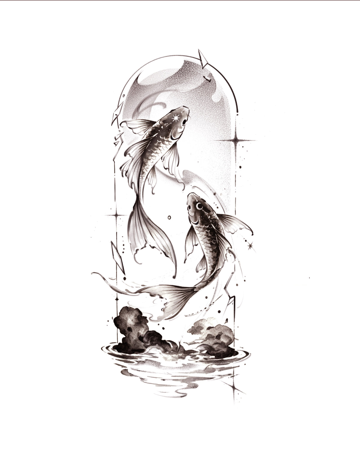 Celestial Koi Pair flash tattoo artwork by YI, 5–7 inches