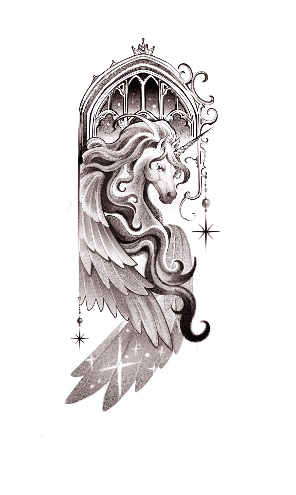 Winged Unicorn flash tattoo artwork by YI, 5–7 inches