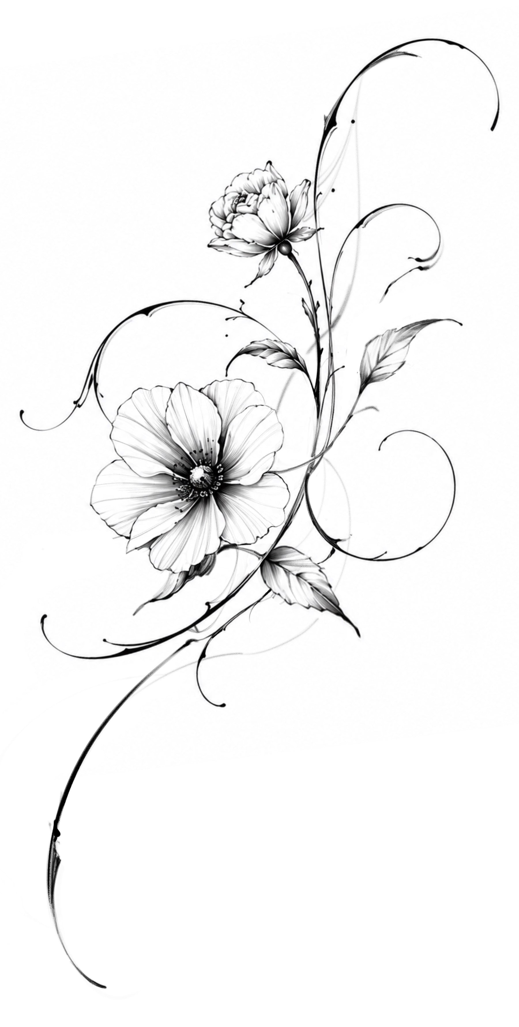 Fine-line floral composition flash tattoo by Yi