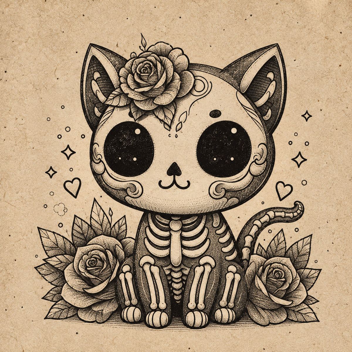 Rose Skeleton Kitten Halloween flash tattoo artwork by YI, approximately 1.5–2.5 inches