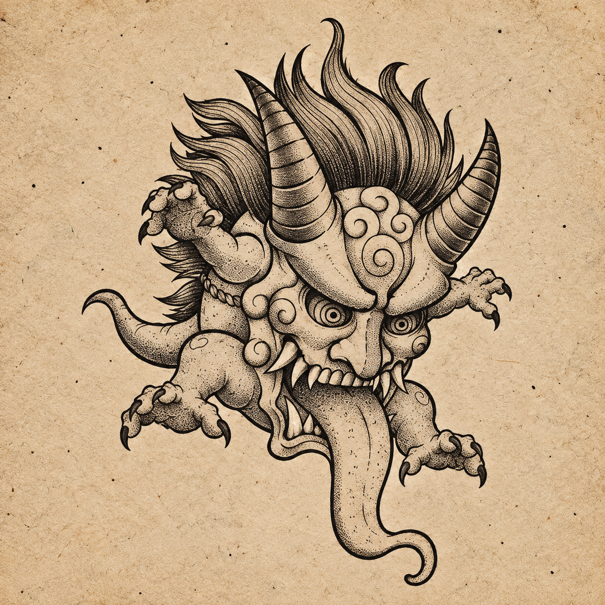 Horned Night Creature Halloween flash tattoo artwork by YI, approximately 1.5–2.5 inches