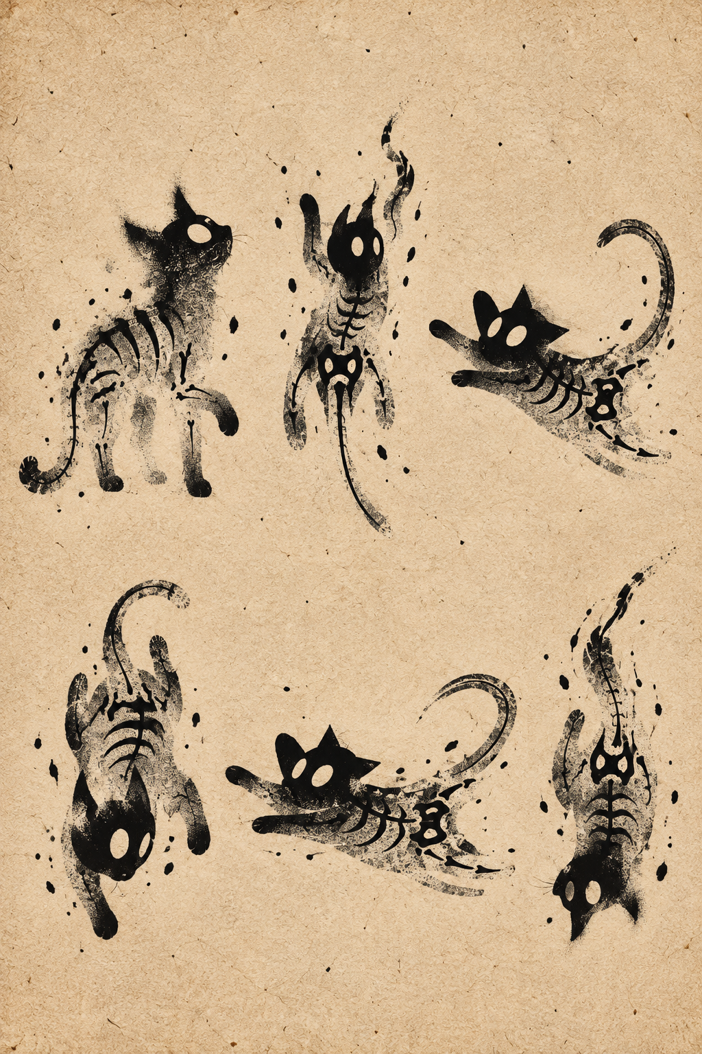 Skeleton Cats Flash Sheet Halloween flash tattoo artwork by YI, approximately 1.5–2.5 inches