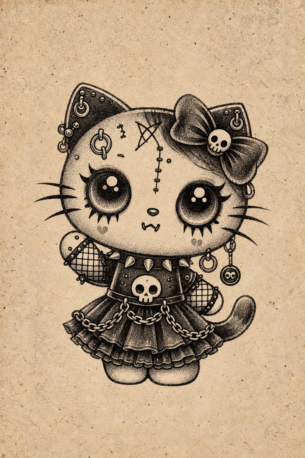 Gothic Cat Doll Halloween flash tattoo artwork by YI, approximately 1.5–2.5 inches
