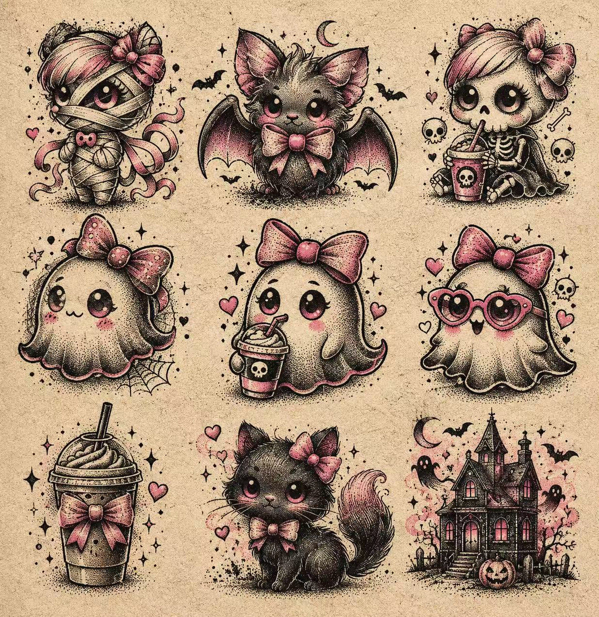 Pink Halloween Charms Flash Sheet Halloween flash tattoo artwork by YI, approximately 1.5–2.5 inches