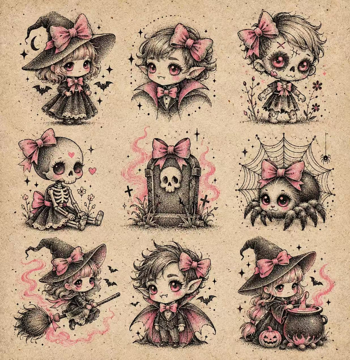 Pink Halloween Characters Flash Sheet Halloween flash tattoo artwork by YI, approximately 1.5–2.5 inches
