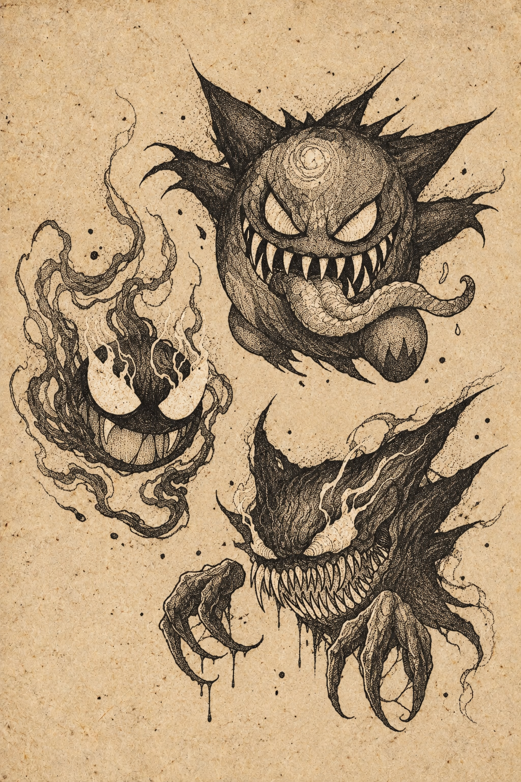 Grinning Ghosts Flash Sheet Halloween flash tattoo artwork by YI, approximately 1.5–2.5 inches