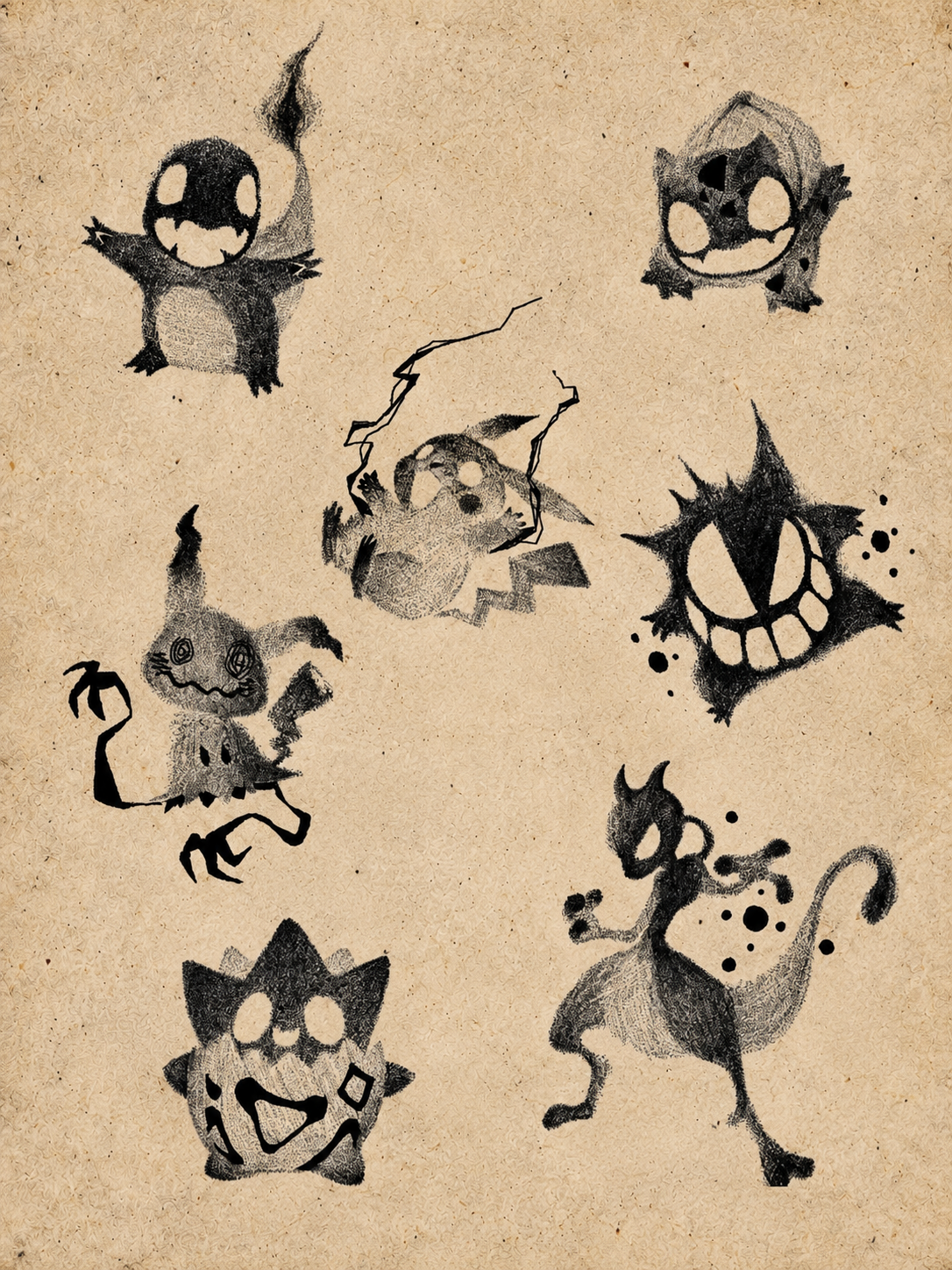 Spooky Creatures Flash Sheet Halloween flash tattoo artwork by Bennet, approximately 3 inches