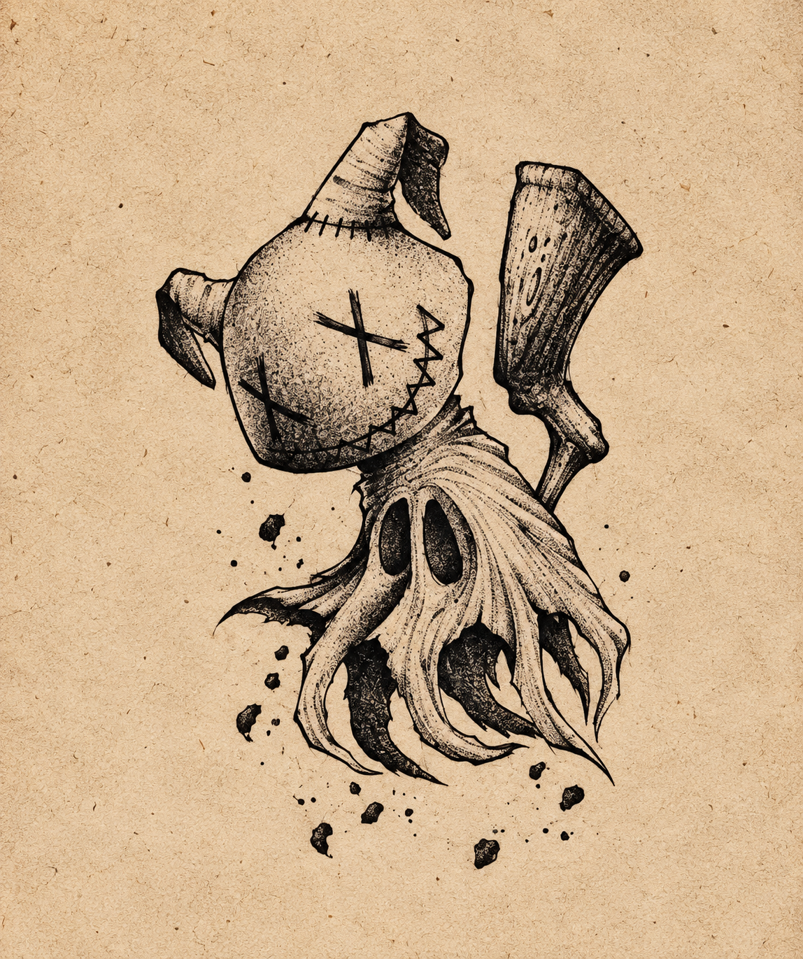 Stitched Cloth Ghost Halloween flash tattoo artwork by YI, approximately 1.5–2.5 inches