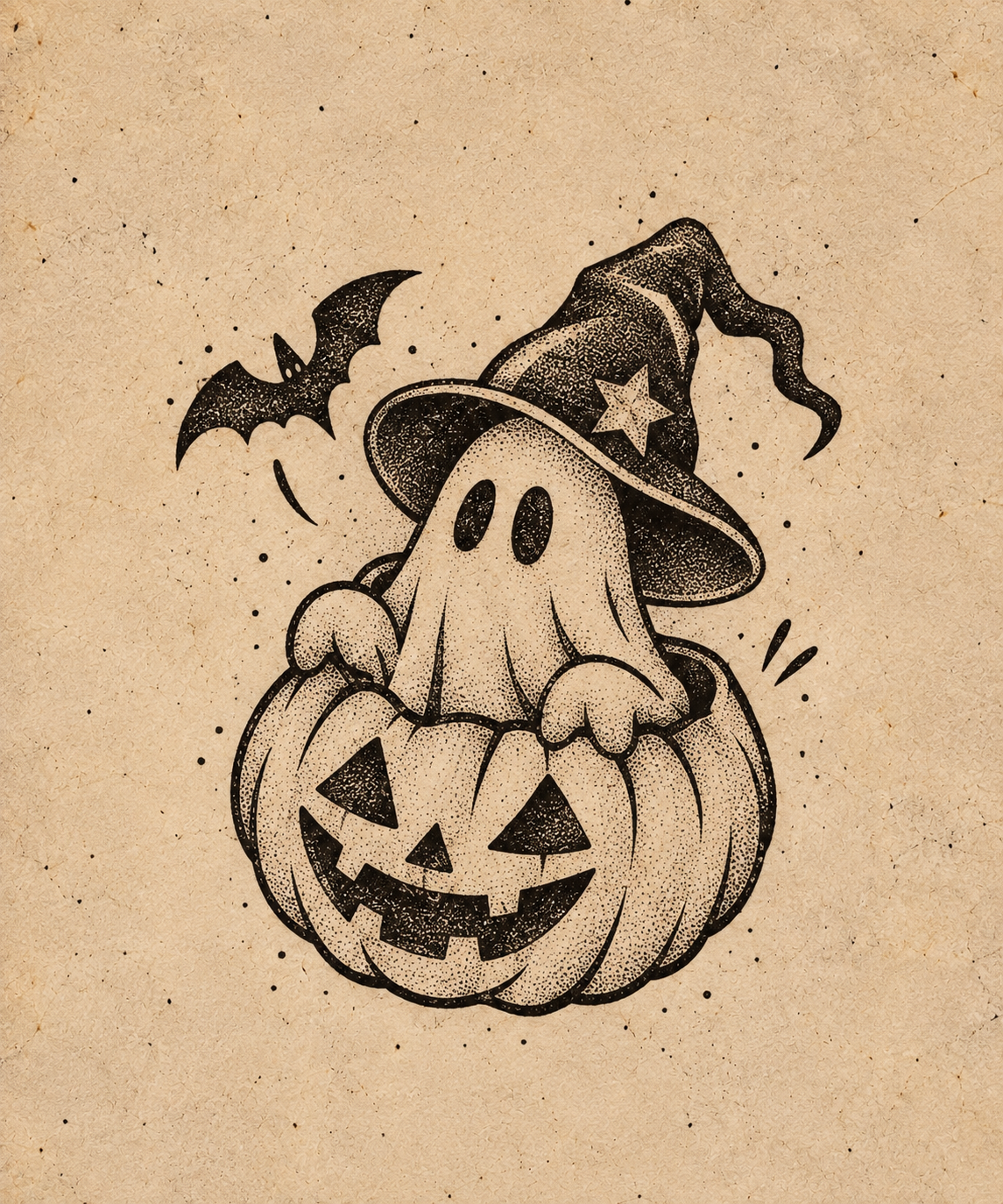 Ghost in a Pumpkin Halloween flash tattoo artwork by YI, approximately 1.5–2.5 inches