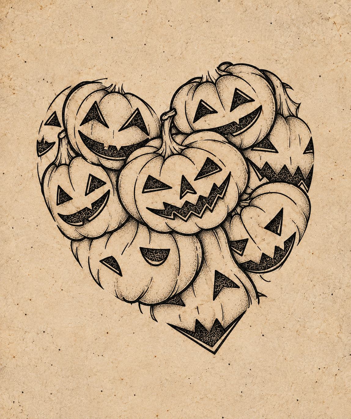 Pumpkin Heart Cluster Halloween flash tattoo artwork by Bennet, approximately 3 inches