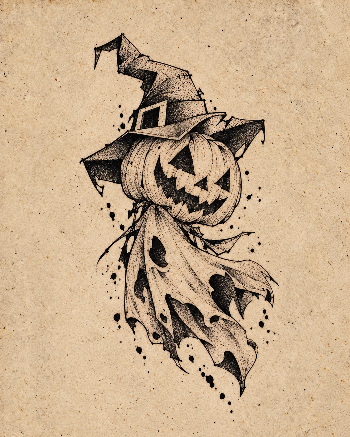 Pumpkin-Head Witch Ghost Halloween flash tattoo artwork by Bennet, approximately 3 inches