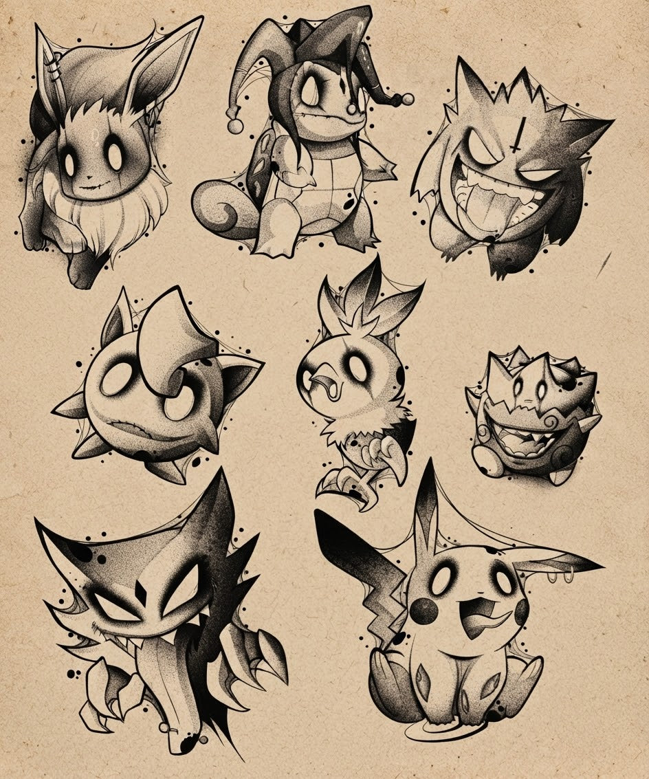 Halloween Creature Collection Flash Sheet Halloween flash tattoo artwork by Bennet, approximately 3 inches