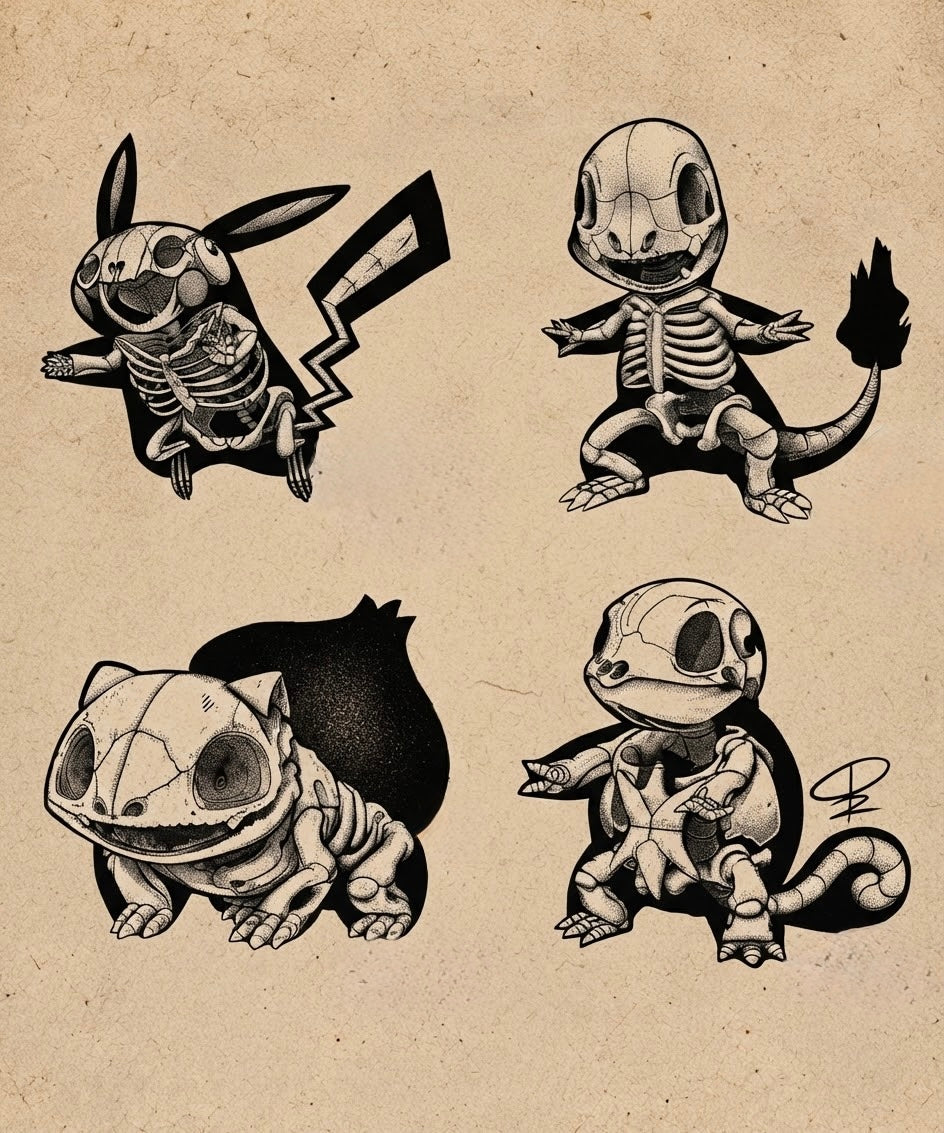 Skeleton Characters Flash Sheet I Halloween flash tattoo artwork by Bennet, approximately 3 inches