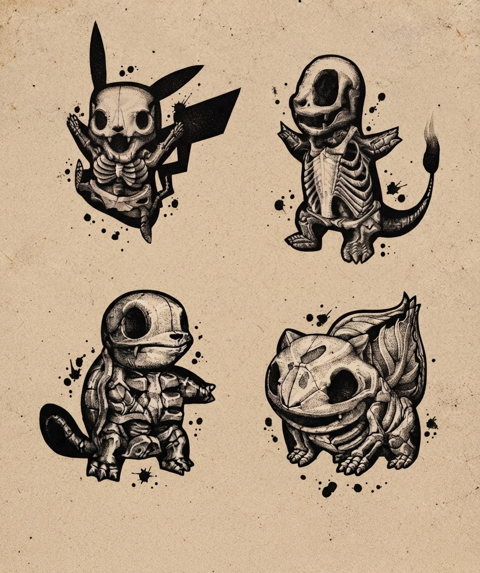 Skeleton Characters Flash Sheet II Halloween flash tattoo artwork by Bennet, approximately 3 inches