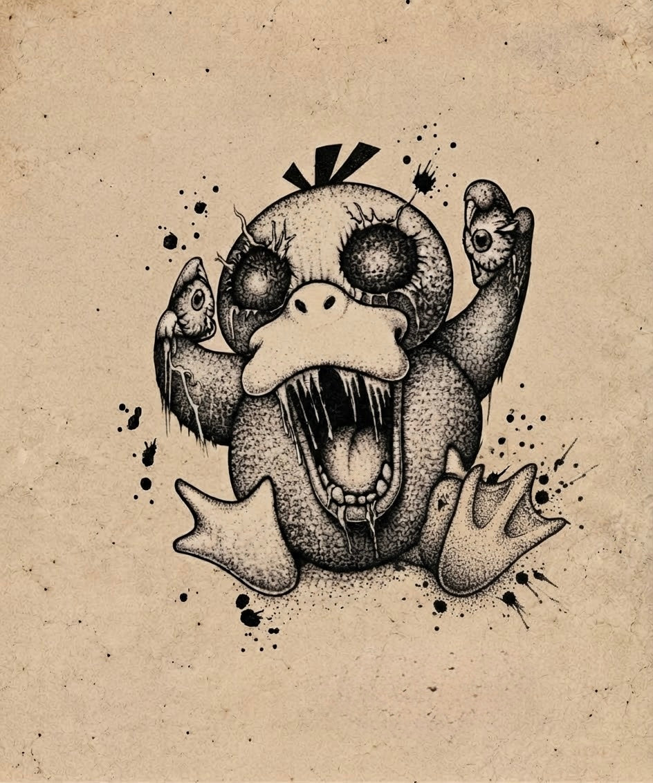 Wide-Eyed Horror Duck Halloween flash tattoo artwork by Bennet, approximately 3 inches