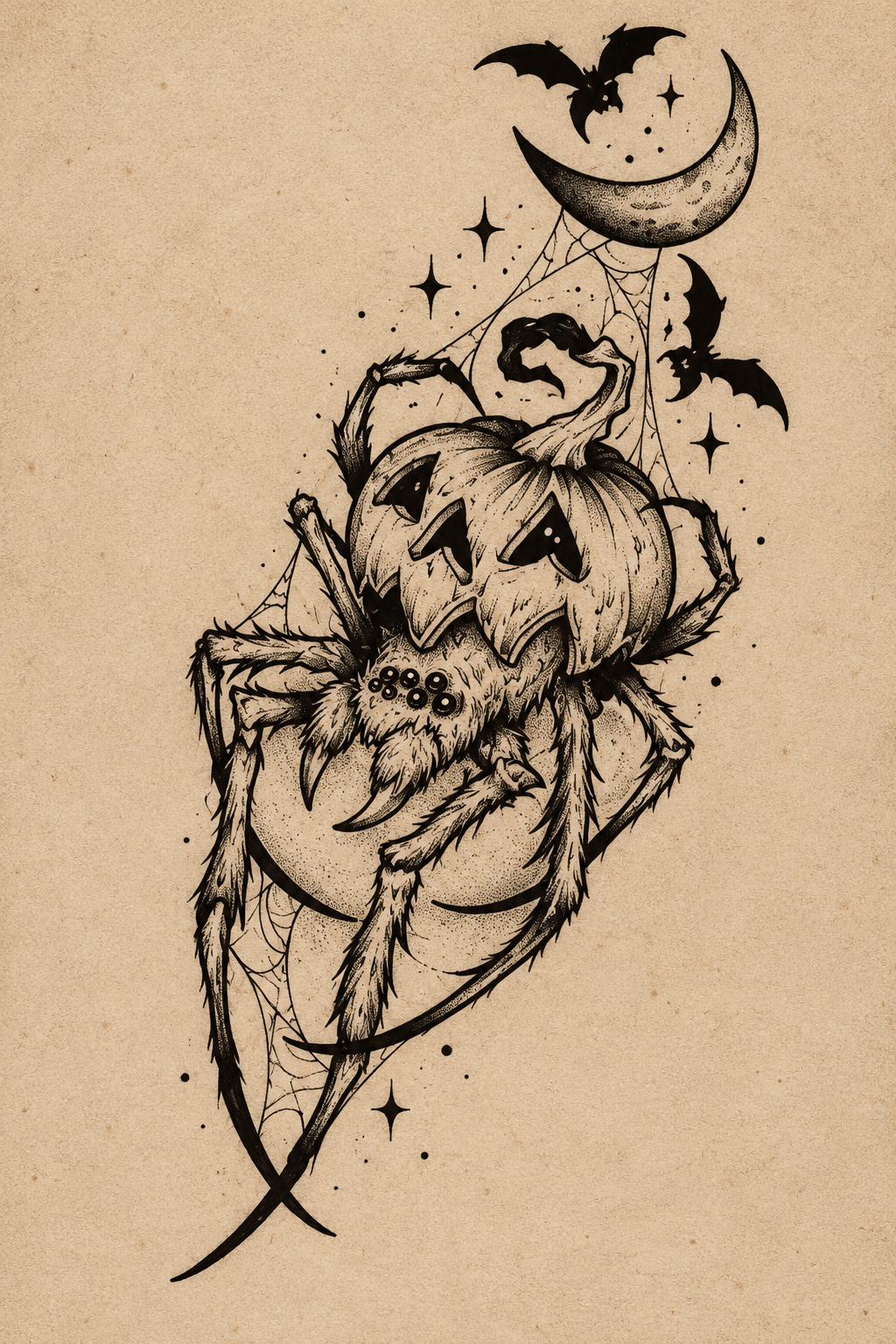 Pumpkin Spider and Moon Halloween flash tattoo artwork by Bennet, approximately 3 inches