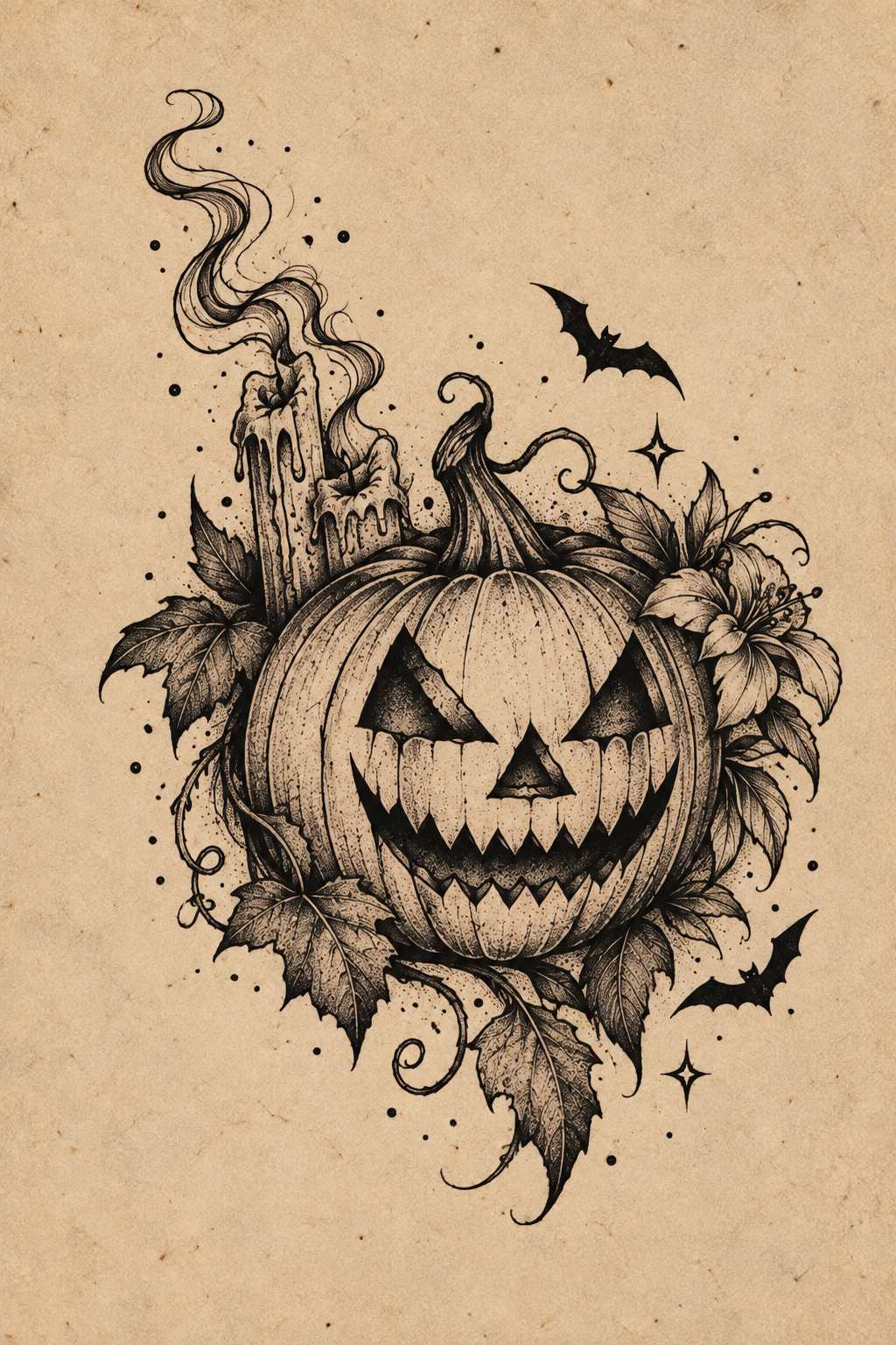 Pumpkin Candles and Florals Halloween flash tattoo artwork by Bennet, approximately 3 inches