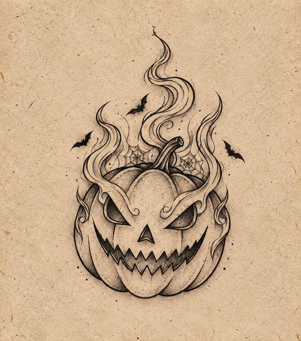 Smoking Pumpkin and Bats Halloween flash tattoo artwork by Bennet, approximately 3 inches