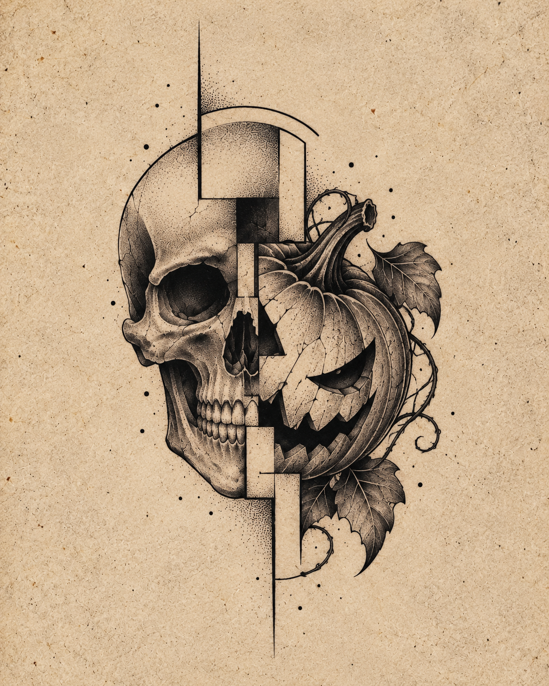 Half-Skull Pumpkin Halloween flash tattoo artwork by Bennet, approximately 3 inches