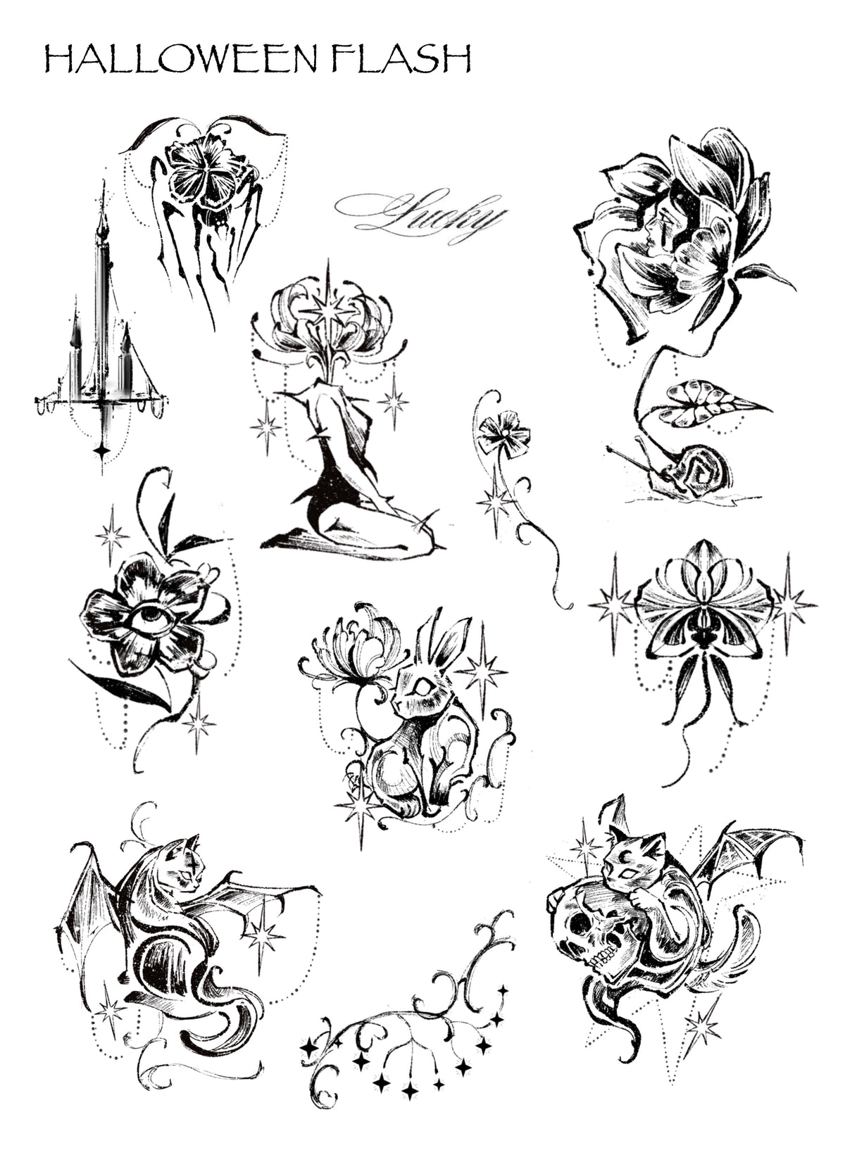 Halloween flash sheet by YI with gothic florals, candles, a bunny and winged cats, approximately 1.5–2.5 inches per selected design