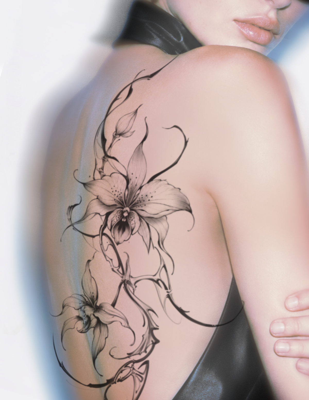 Yi fine-line floral flash tattoo design IMG 7149 on shoulder, 6-10 inches