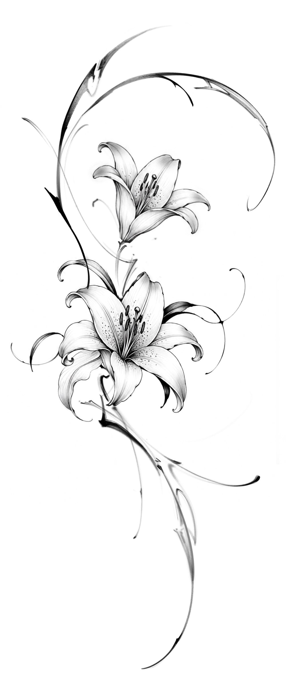 Fine-line lily composition flash tattoo by Yi