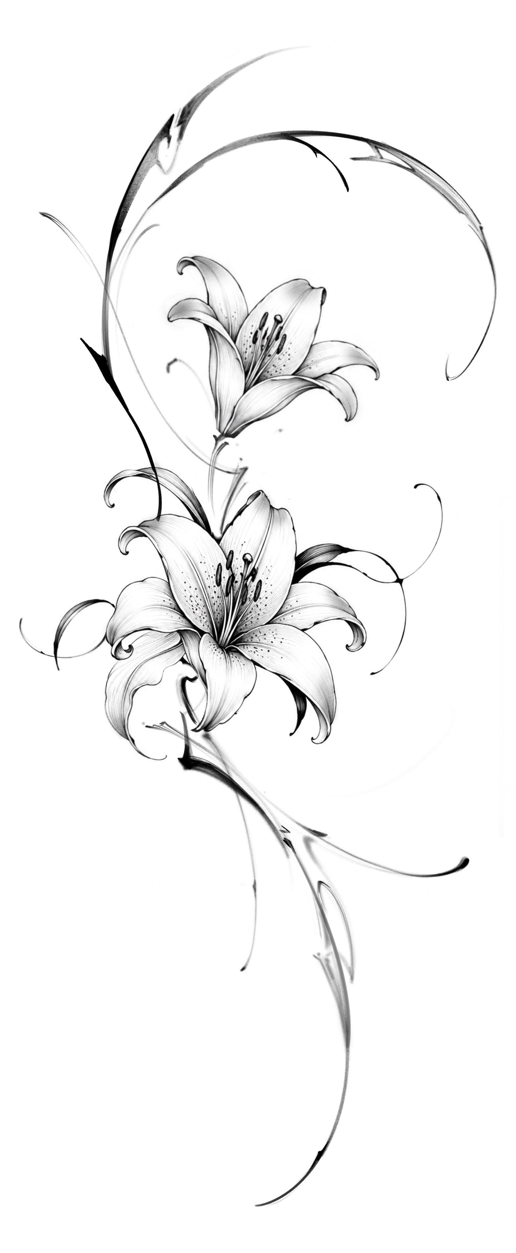 Fine-line lily composition flash tattoo by Yi
