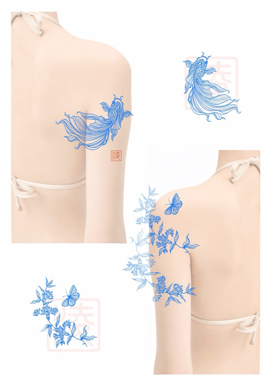 Blue fish and botanical linework flash tattoo designs by Zero