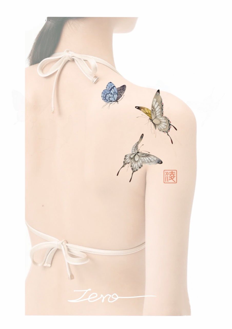 Three-butterfly back composition flash tattoo by Zero