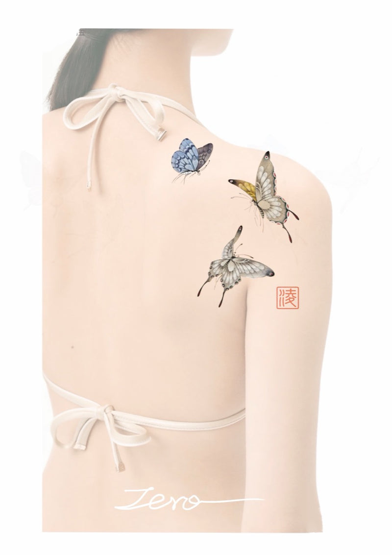 Three-butterfly back composition flash tattoo by Zero